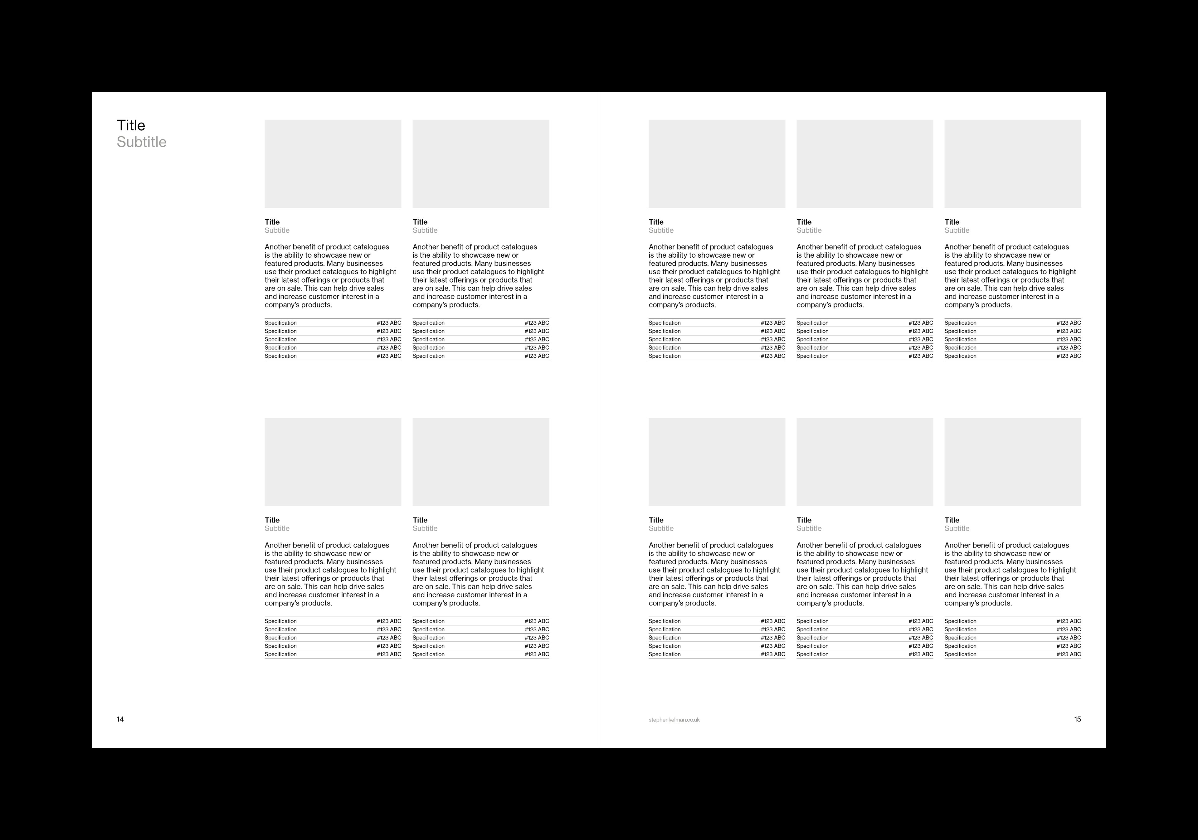 Products spread of a US letter catalog template for Adobe InDesign. Spread features ten products with one paragraph of text for each and a thumbnail-type image