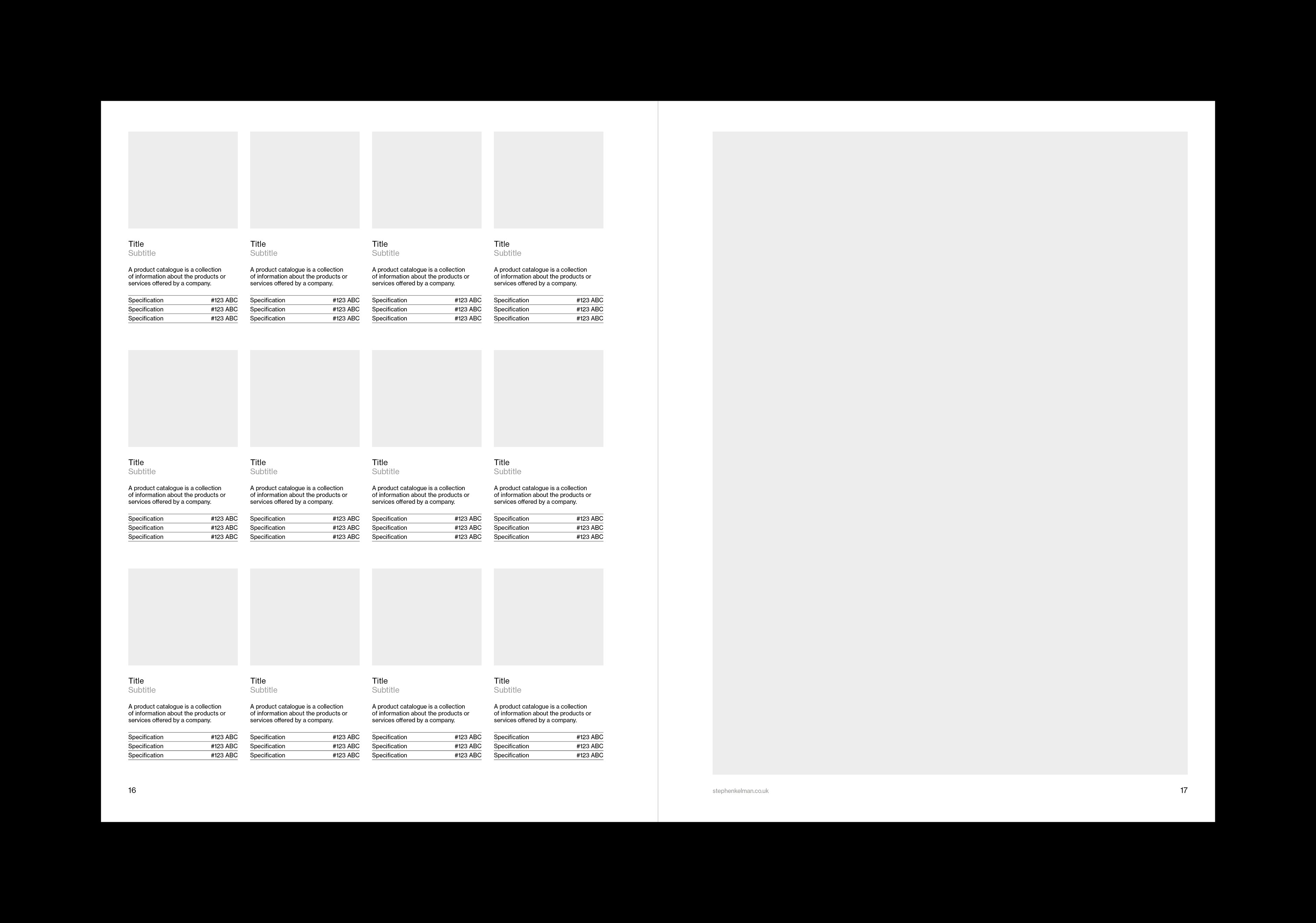 Products spread of a US letter catalog template for Adobe InDesign. Spread features 12 products with one paragraph of text for each and a thumbnail-type image. The right-hand page has a large image with border