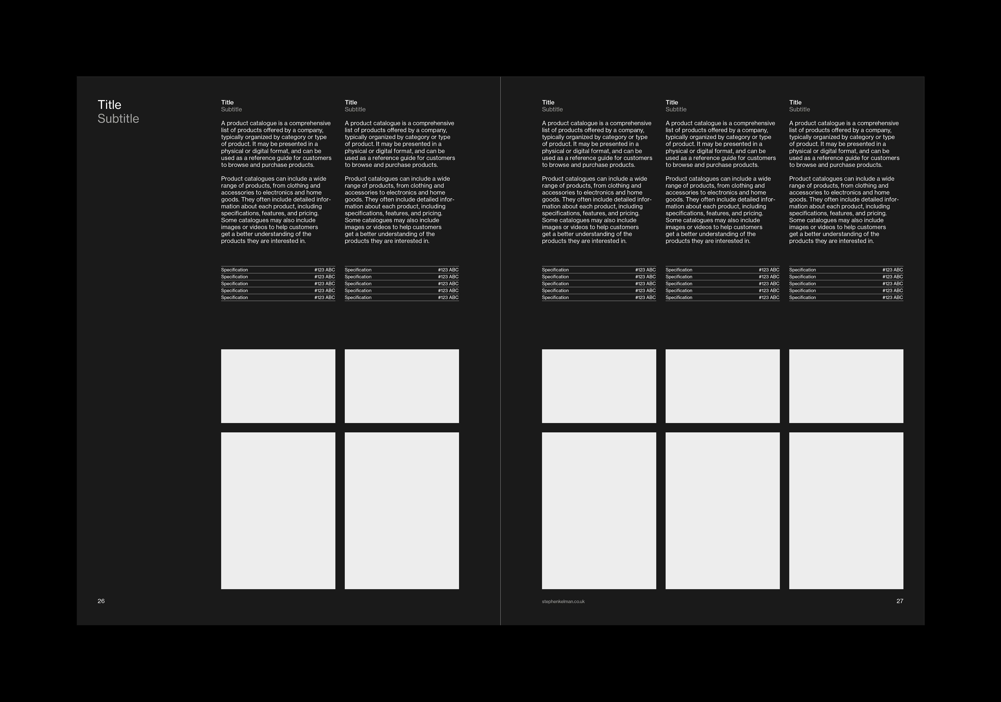 Spread design for a US letter catalog template for Adobe InDesign. Spread features a title and five vertically set columns for products. Each column features a title, description copy, details and two images on a dark background