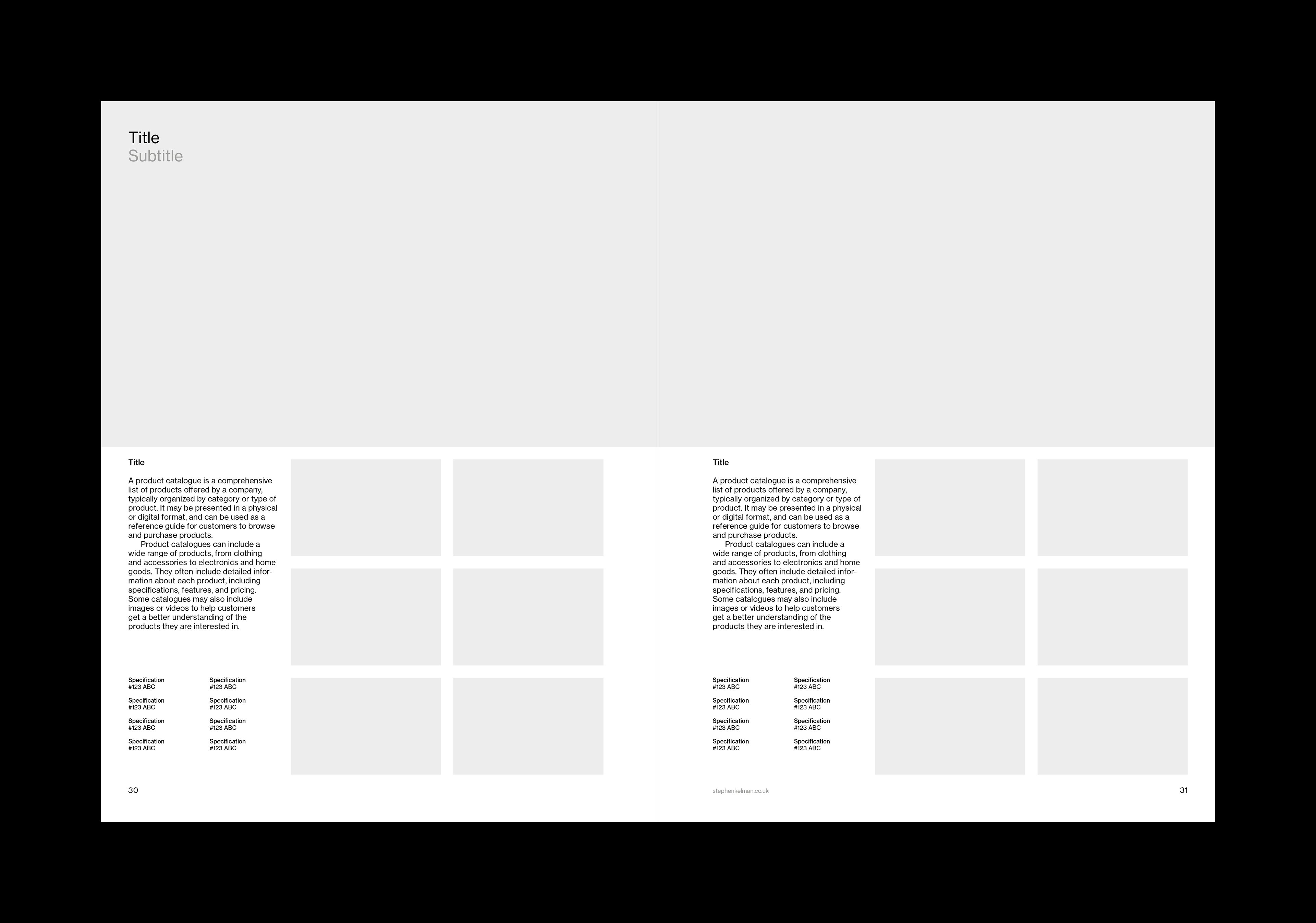Typography layout for a US letter format catalog template designed for Adobe InDesign. Spread features one large image across both pages, with two product listings below