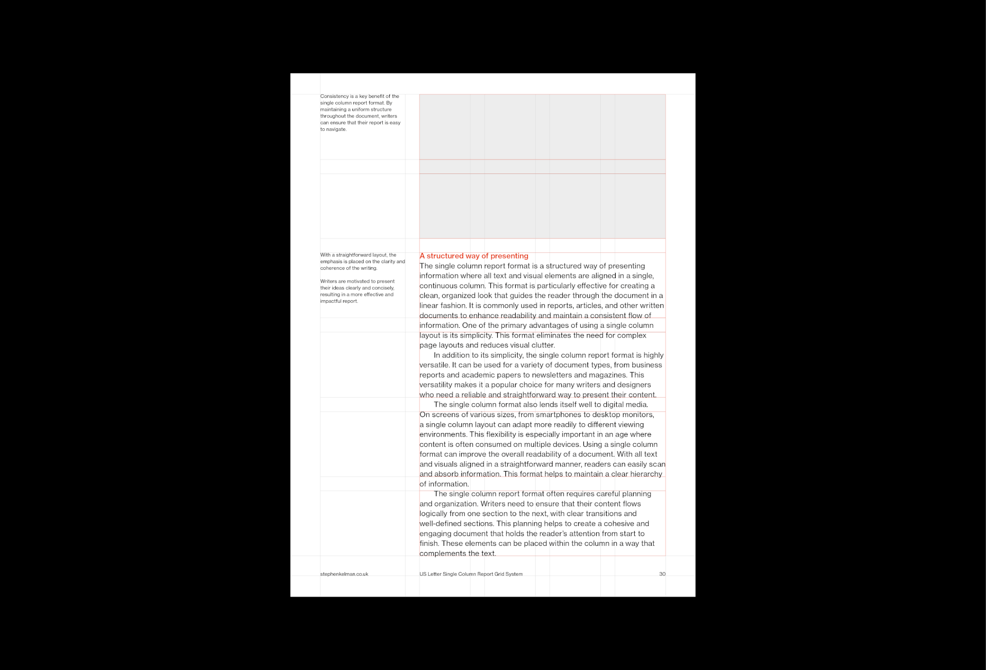 US Letter Single Column Report Grid System for InDesign: sample page with red baseline grid and margin notes.