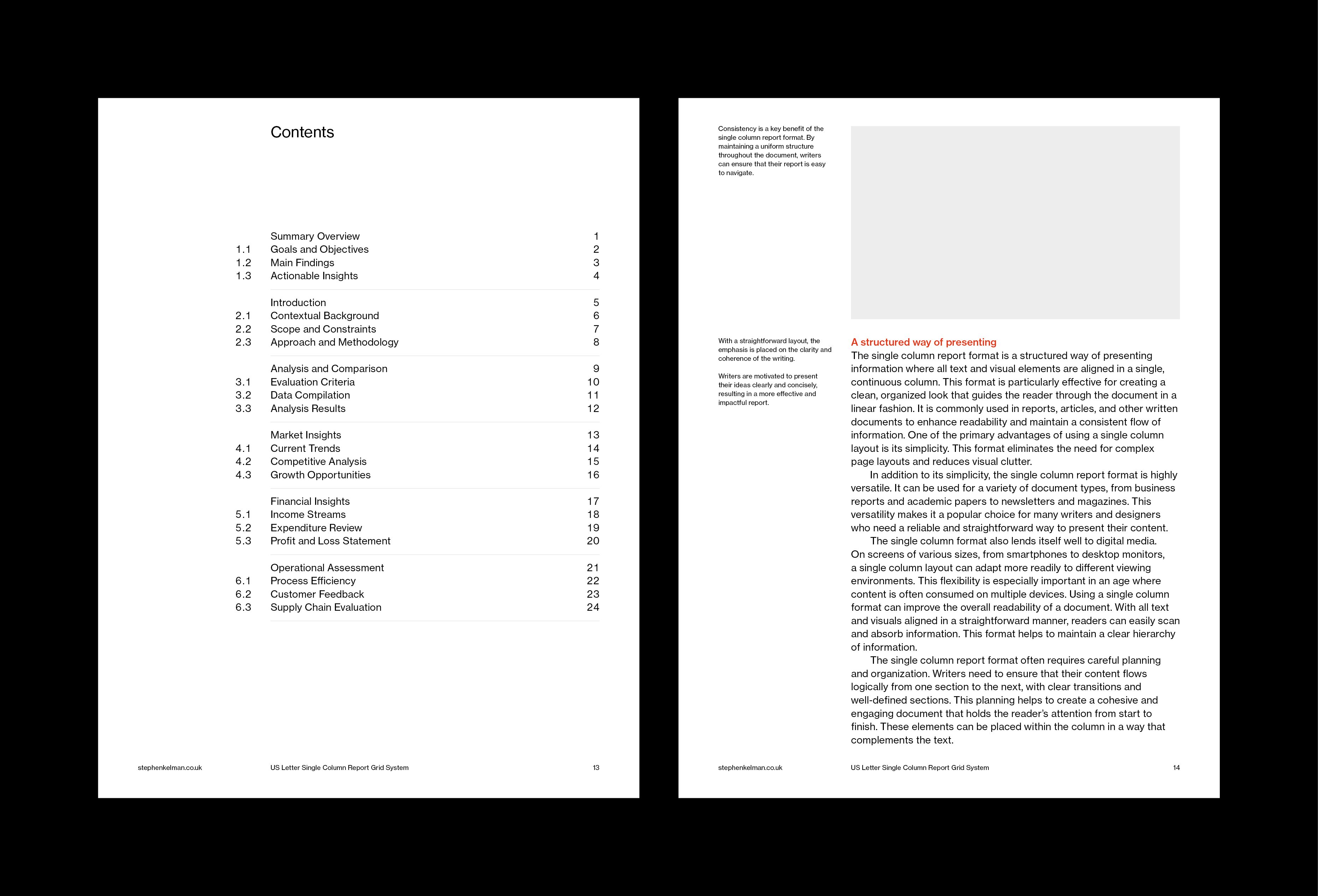 Numbered contents page listing report sections opposite a single-column text page with side notes.