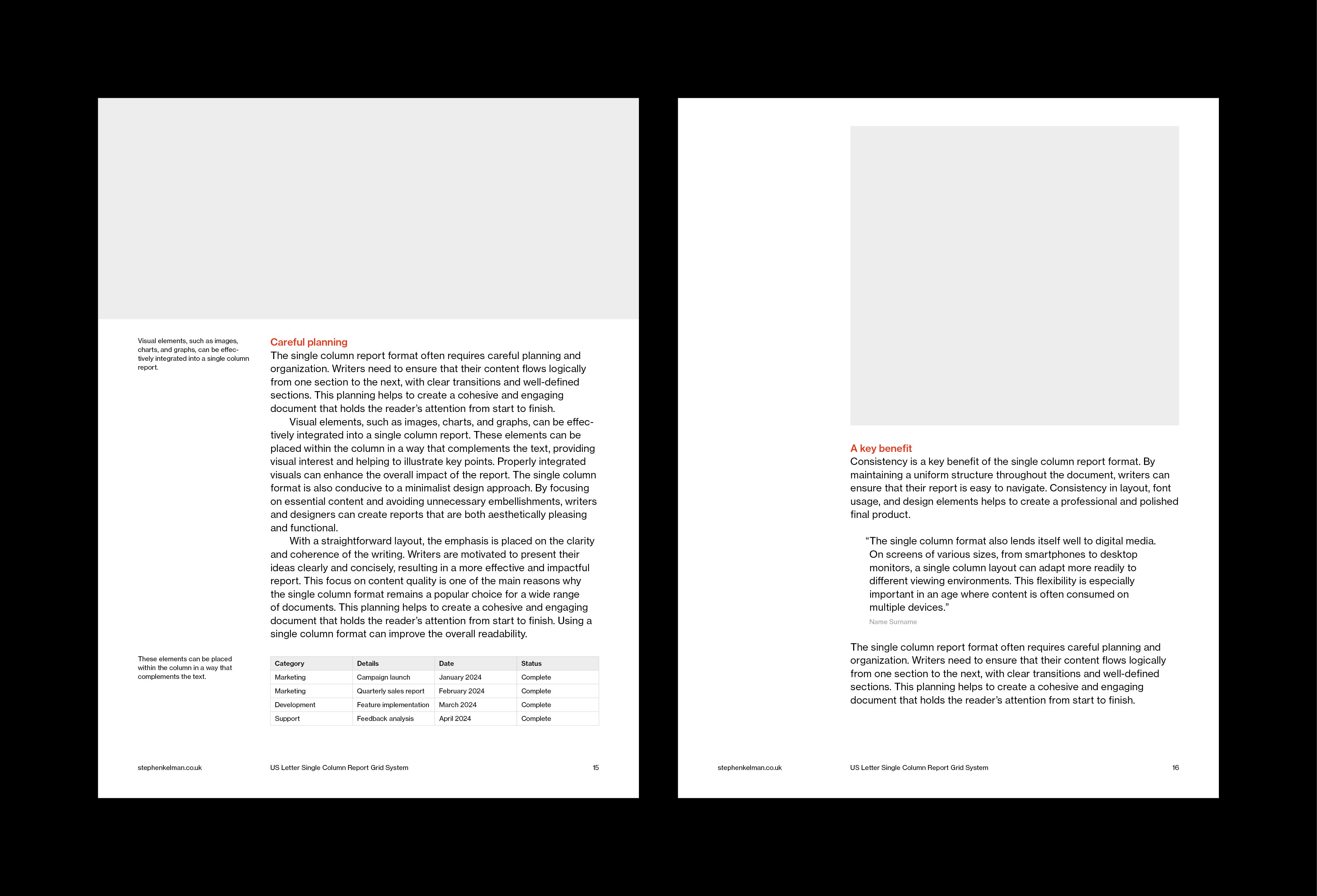 Sample spread with red subheads, image placeholders, a small project table, and an indented quotation.