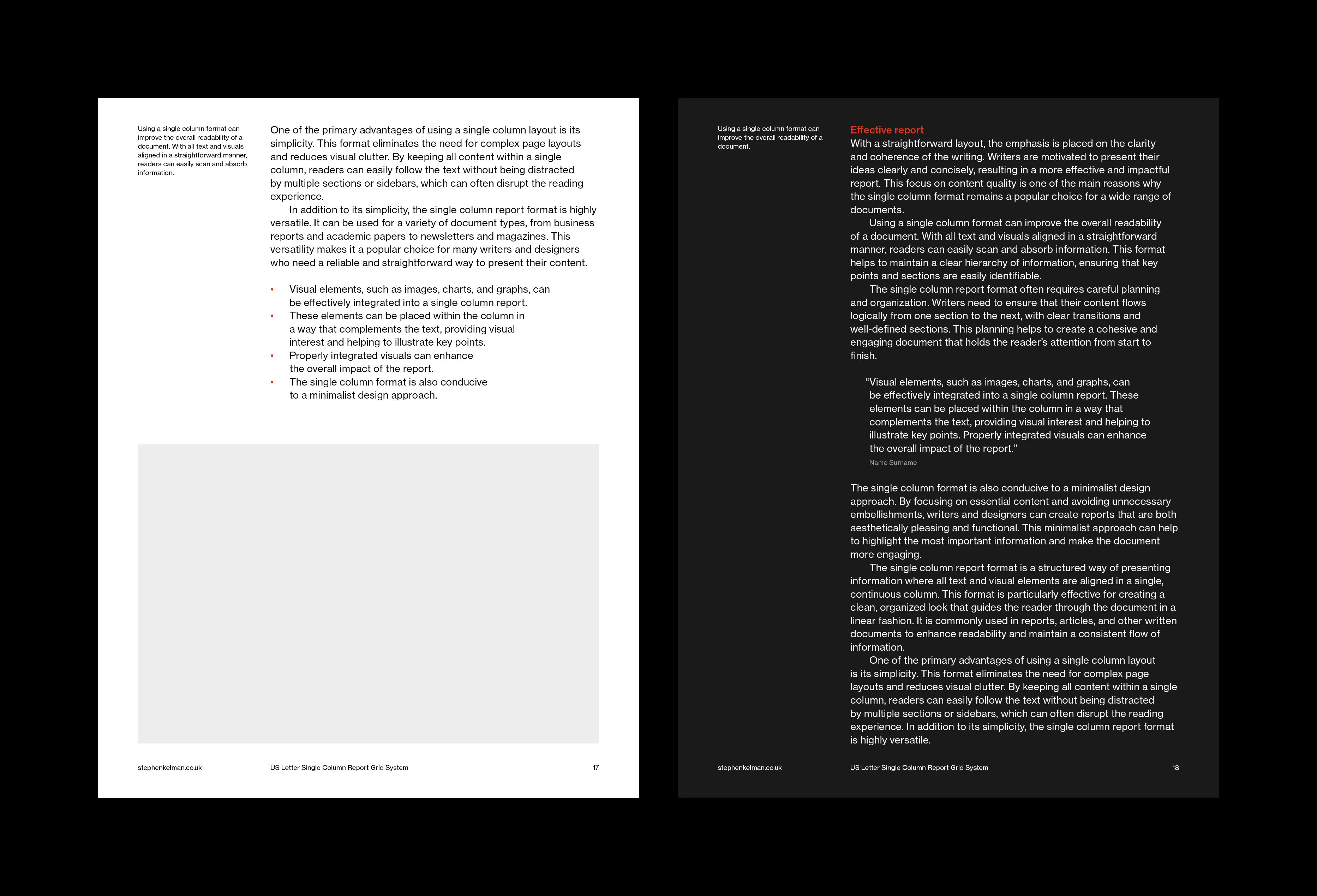 Light and dark versions of the single-column page side by side, the dark page headed Effective report.
