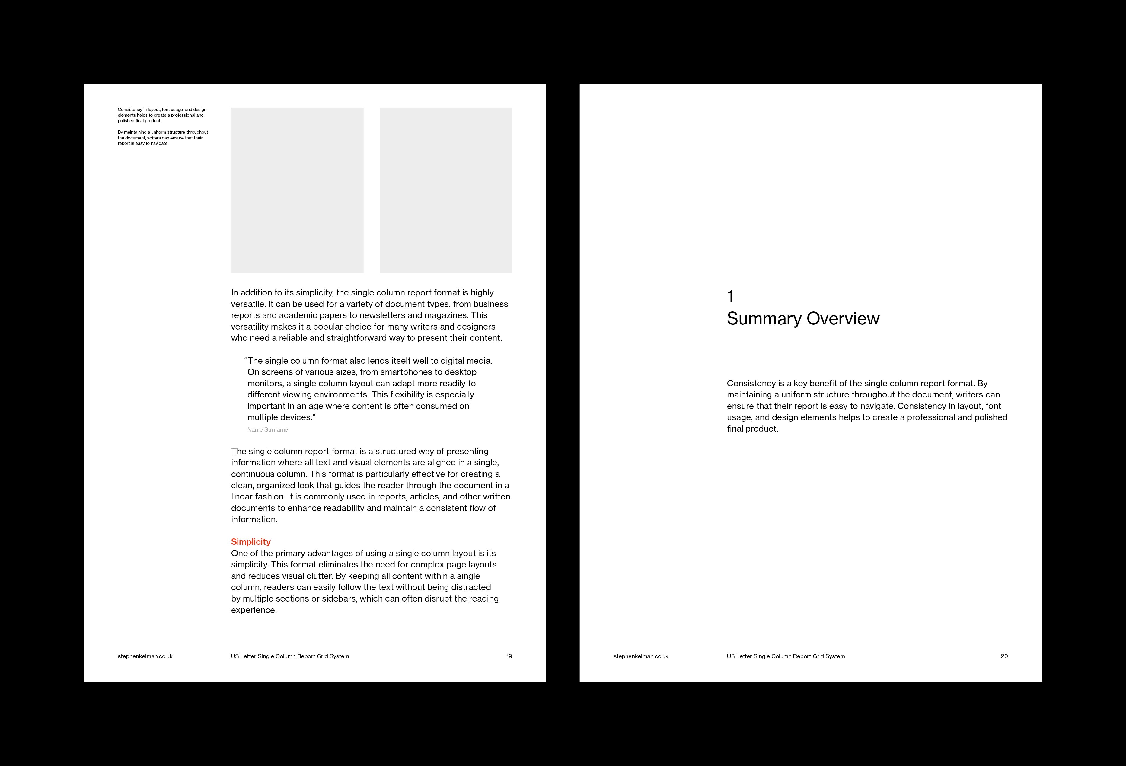 Spread pairing image frames and quoted copy with a numbered section divider titled Summary Overview.