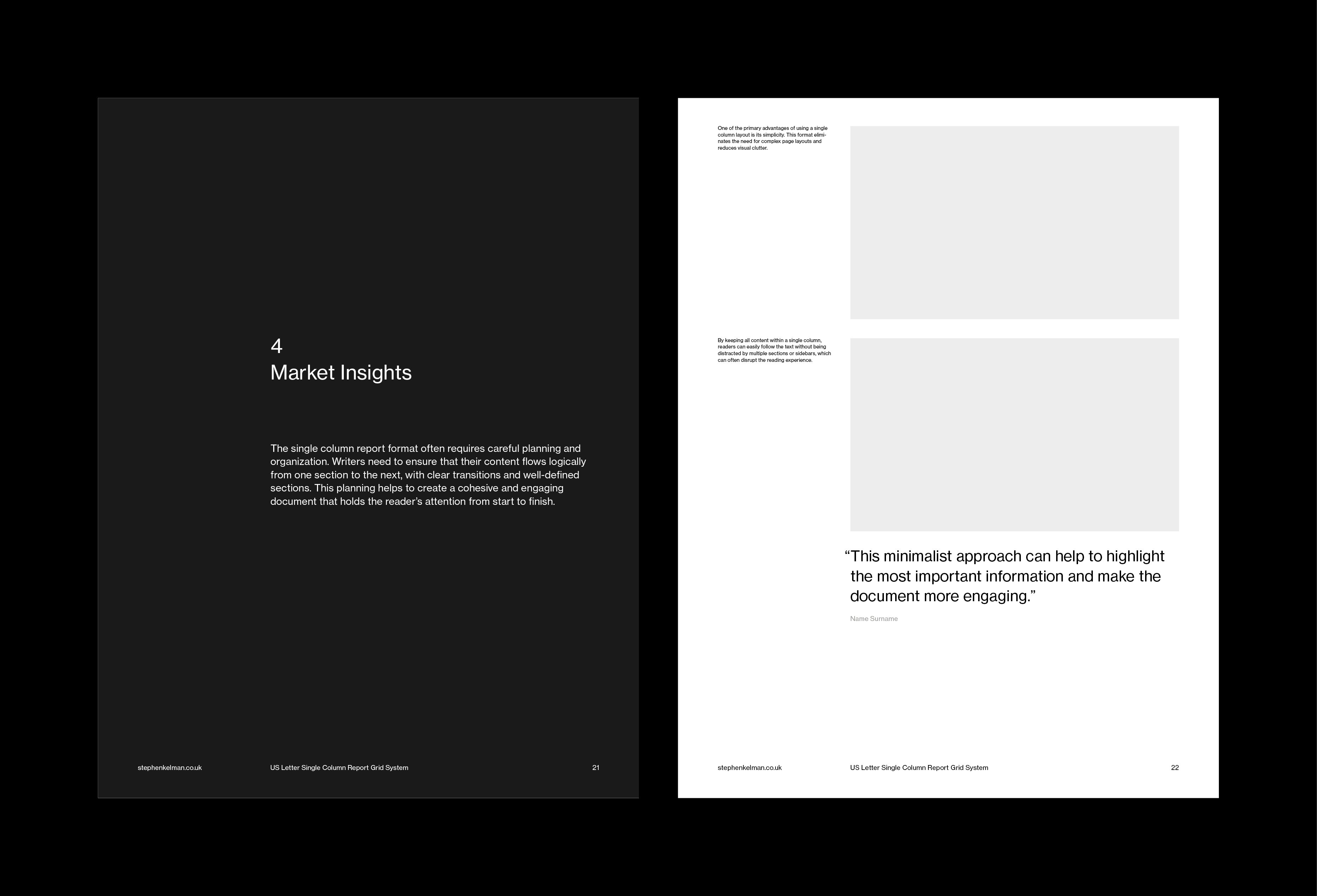 Black section divider titled 4 Market Insights facing a page of image frames and an underlined pull quote.