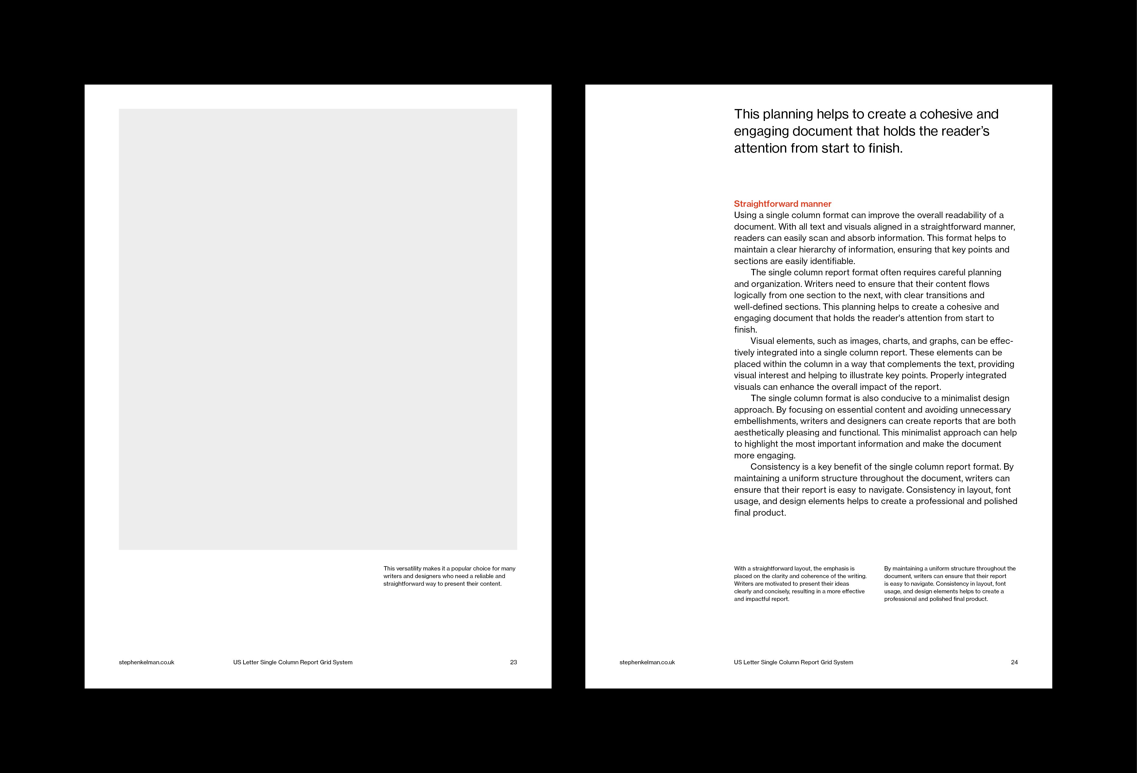 Full-page grey image placeholder opposite a text page with a bold intro line and red subhead.