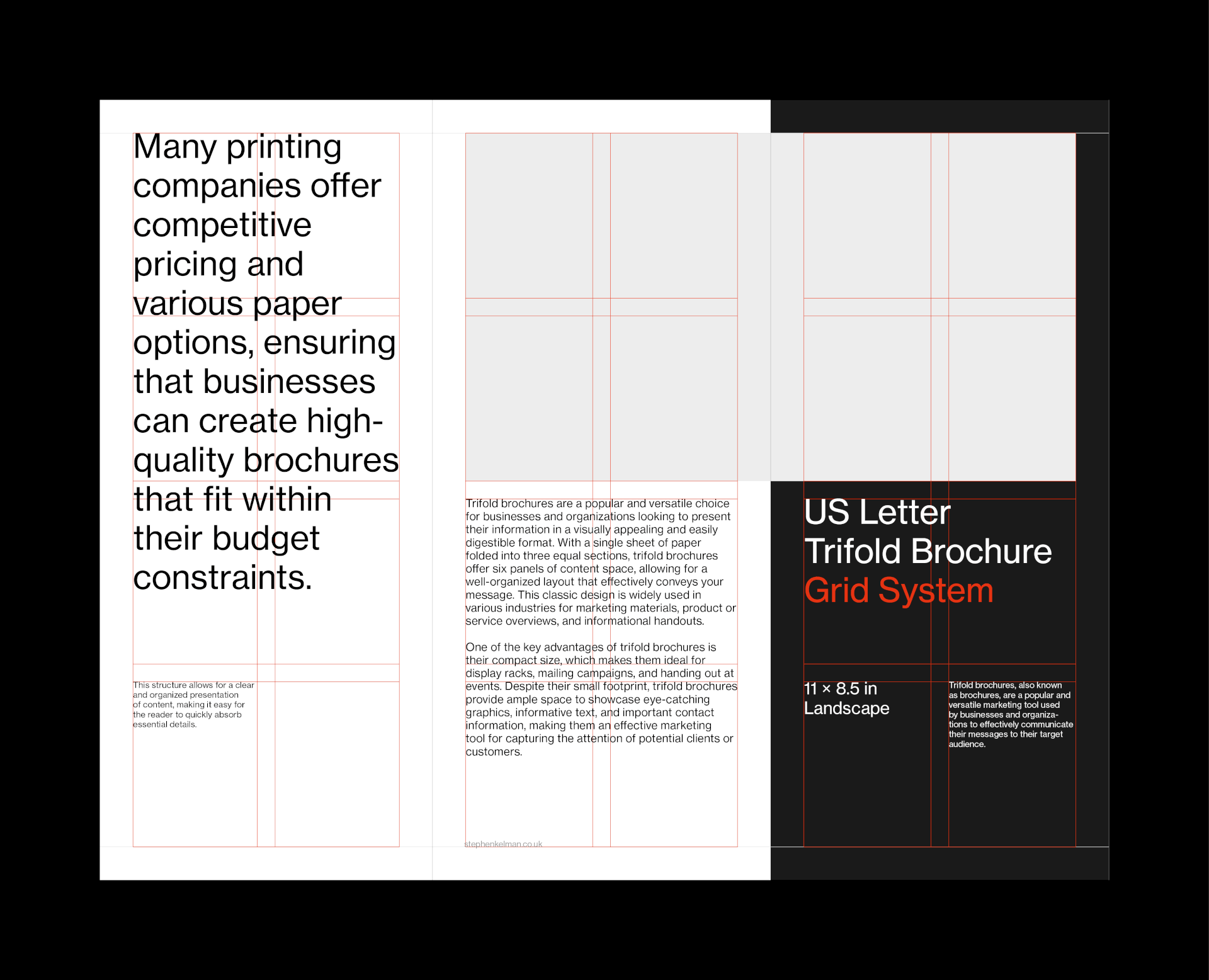 Animation showing grid system and Swiss style layouts for a US letter format InDesign template