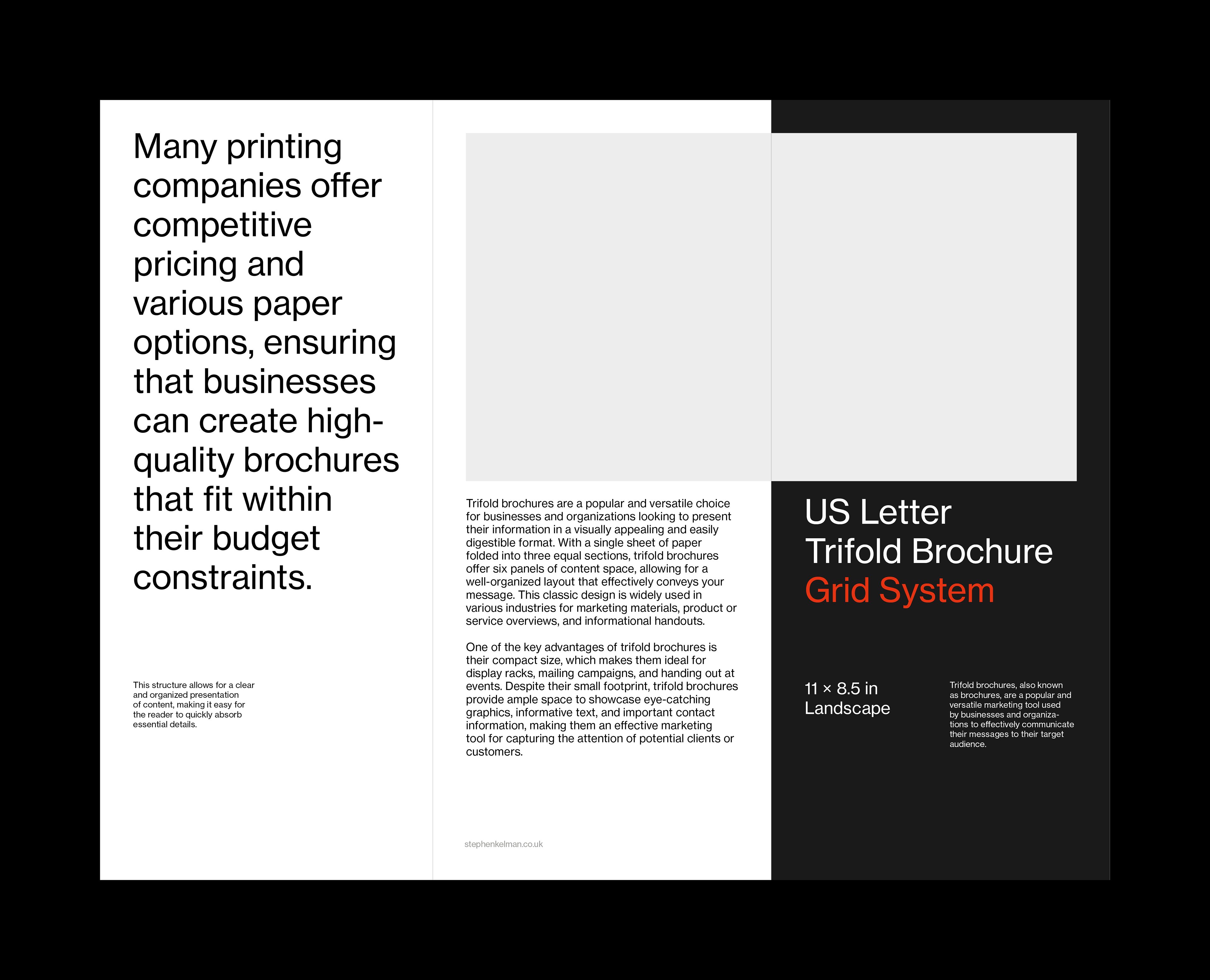 Outside layout example for a minimal style US letter format trifold brochure template for Adobe InDesign