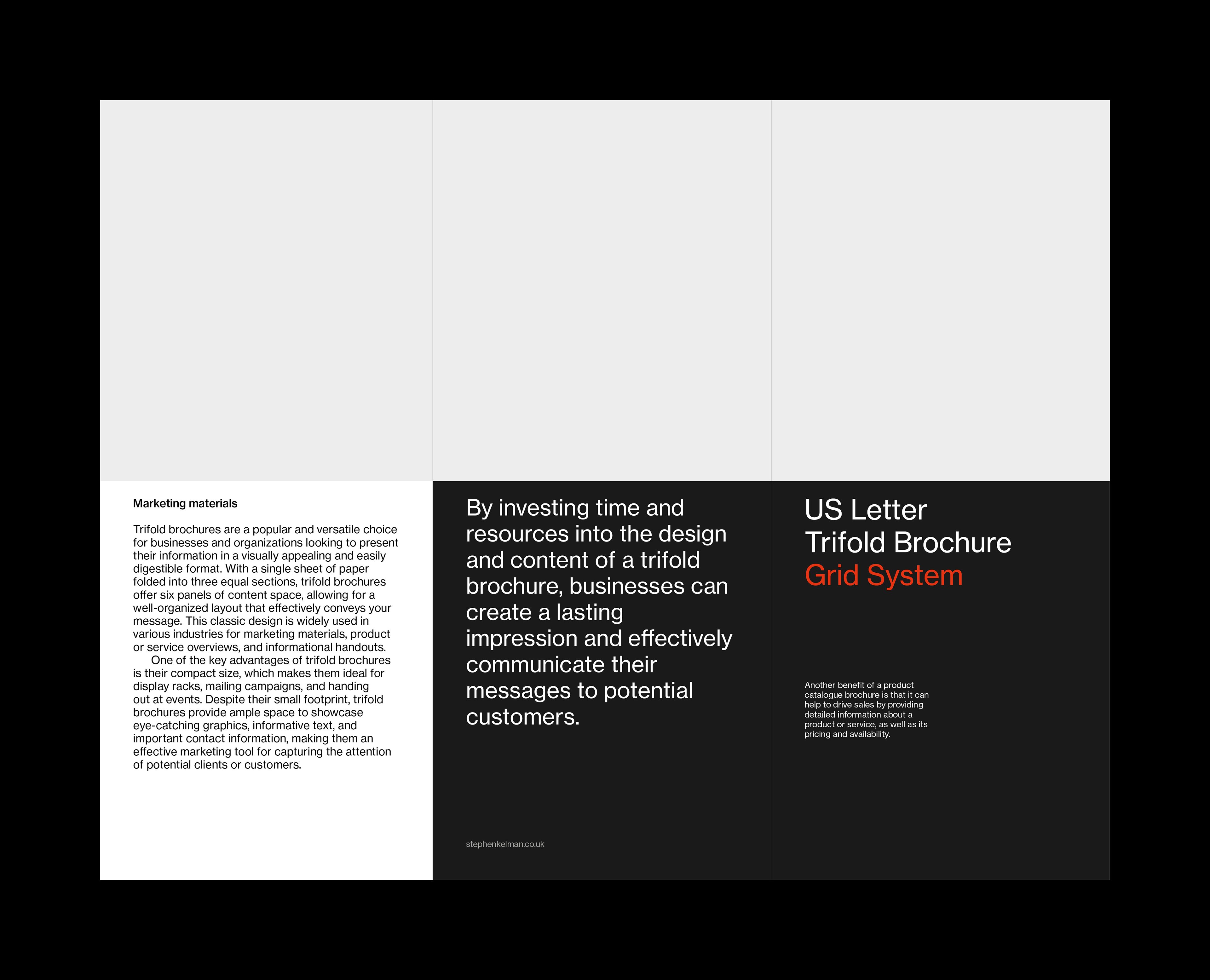Outside layout example for a US letter format trifold InDesign template. The layout shows one large image and different styles of text on light and dark backgrounds