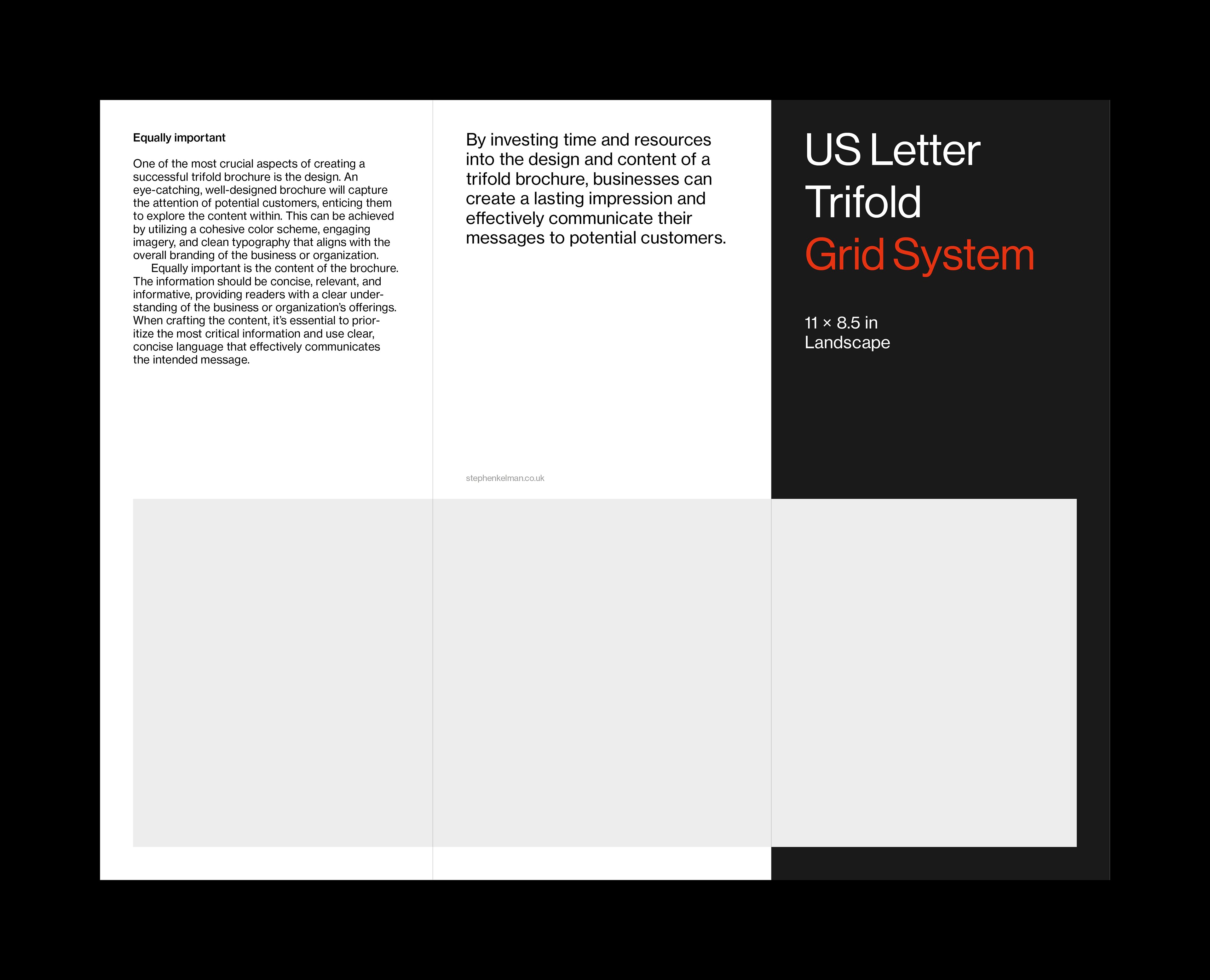 Outside layout for a US letter format tri-fold InDesign template. Layout shows one large image and a mix of text on light and dark backgrounds