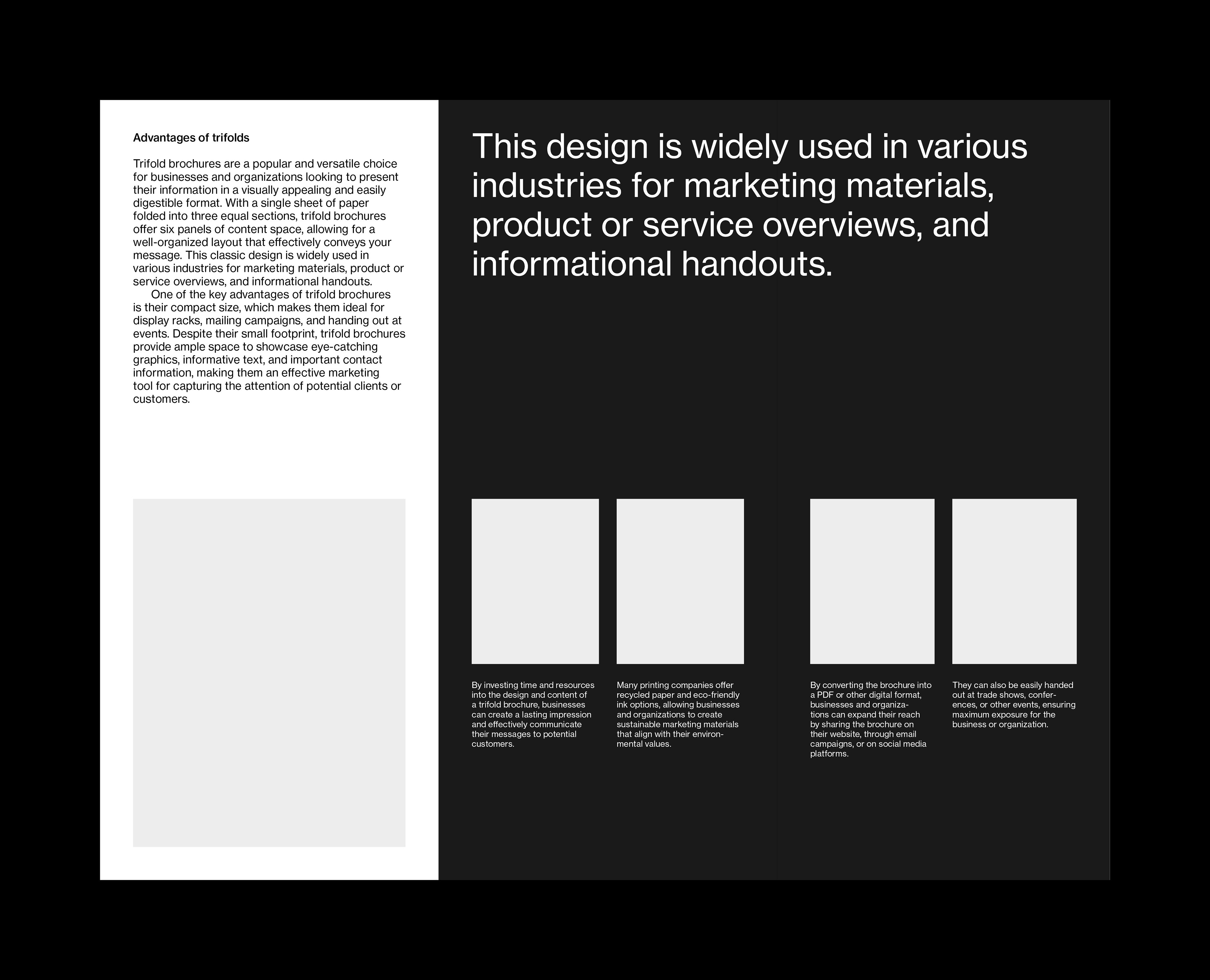 Inside layout for a US letter format tri-fold InDesign template. Layout shows one large image and a mix of text on light and dark backgrounds