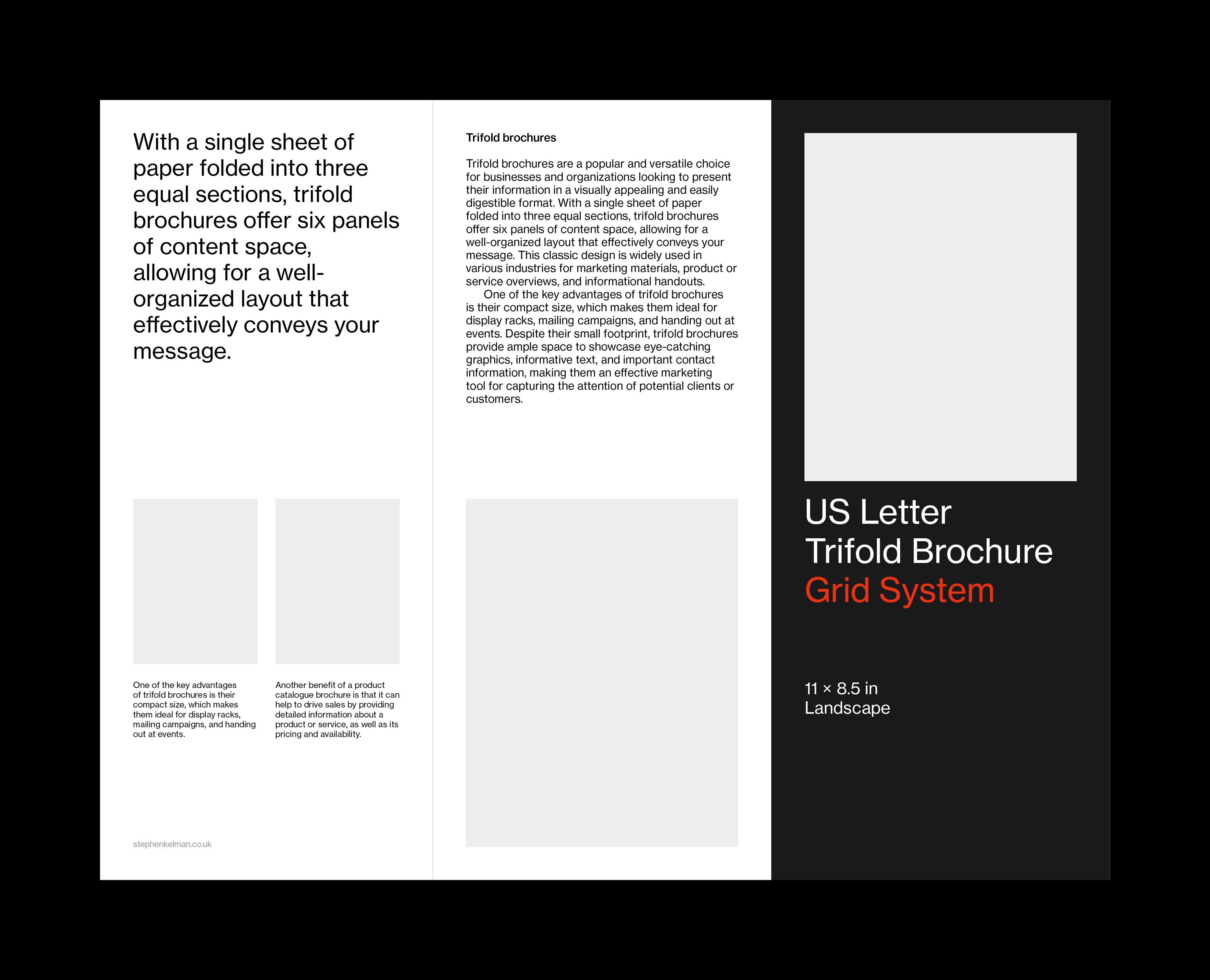 Outside layout for a US letter format tri-fold InDesign template. Layout shows one large image and a mix of text on light and dark backgrounds