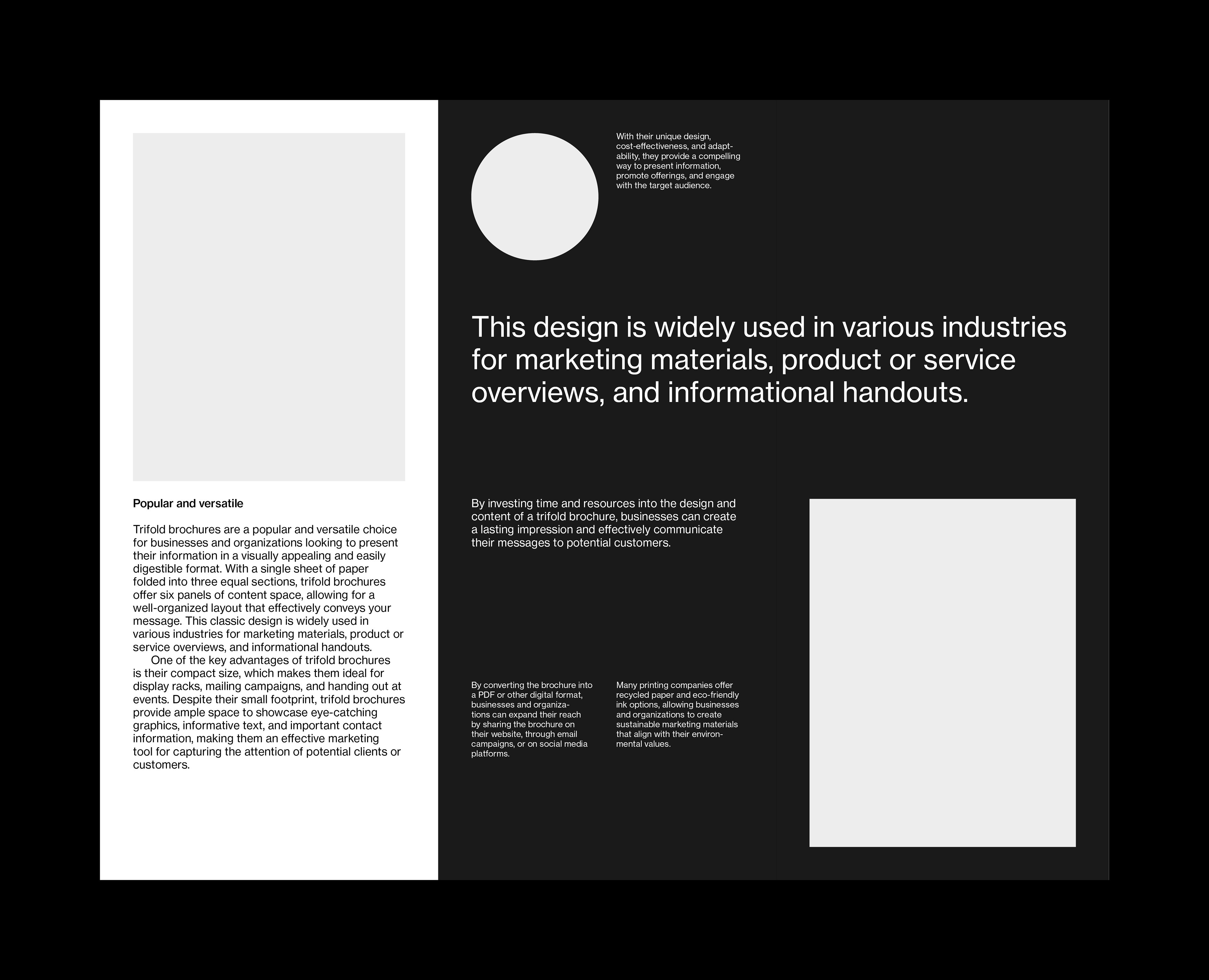 Inside layout for a US letter format tri-fold InDesign template. Layout shows one large image and a mix of text on light and dark backgrounds