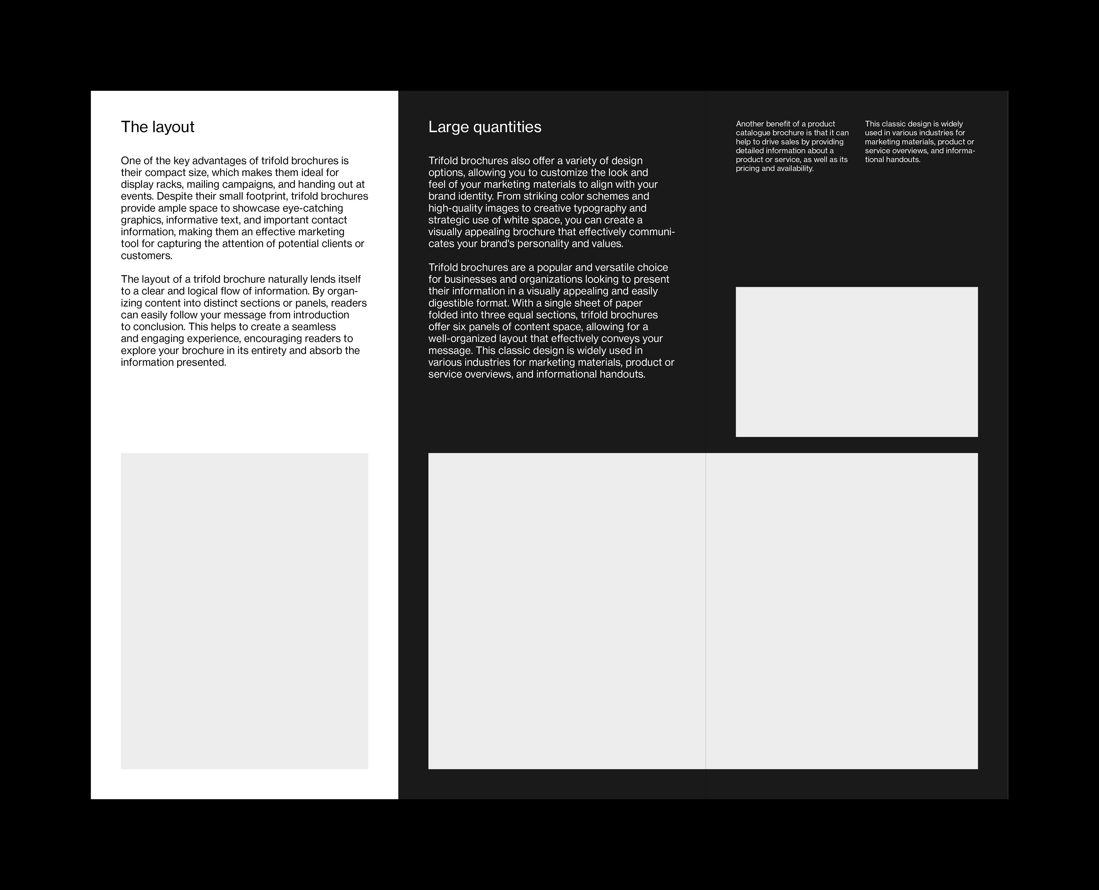 Inside layout for a US letter format three-fold Adobe InDesign template. Layout shows one large image and a mix of text on light and dark backgrounds