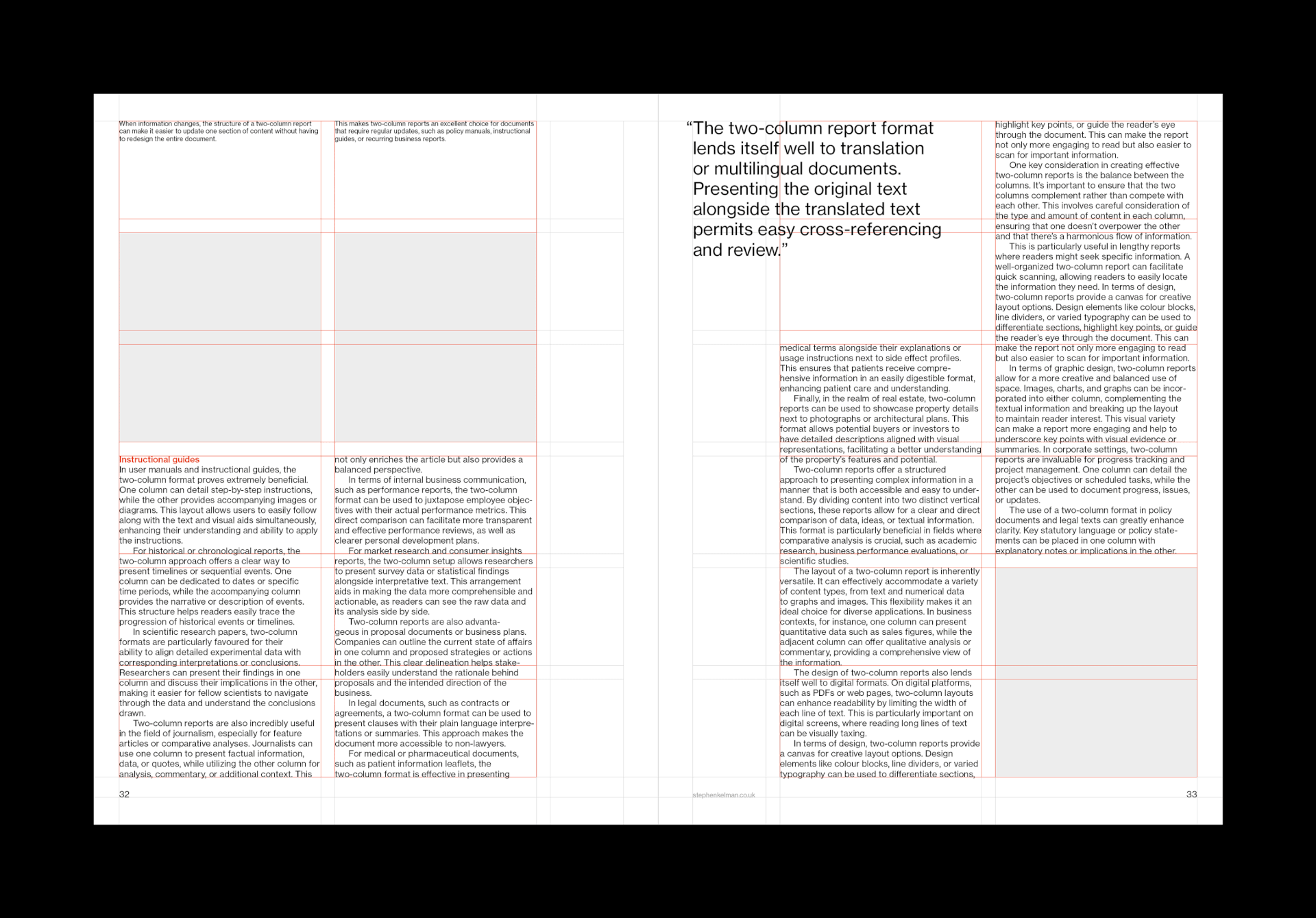 US Letter Two Column Report Grid System for InDesign spread with a quotation inset between text columns.