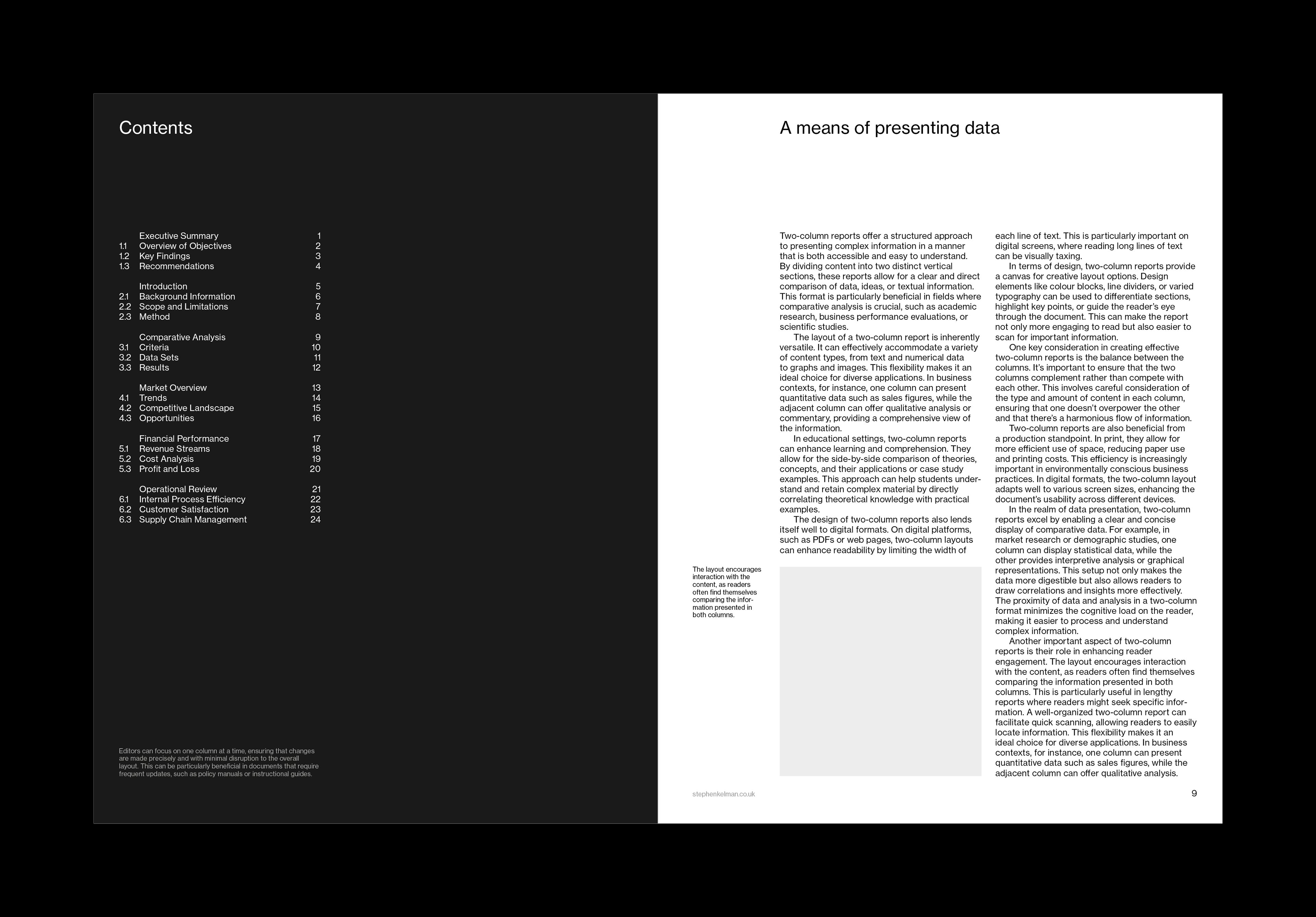 Contents listing on white beside a dark page headed A means of presenting data in two columns of text.