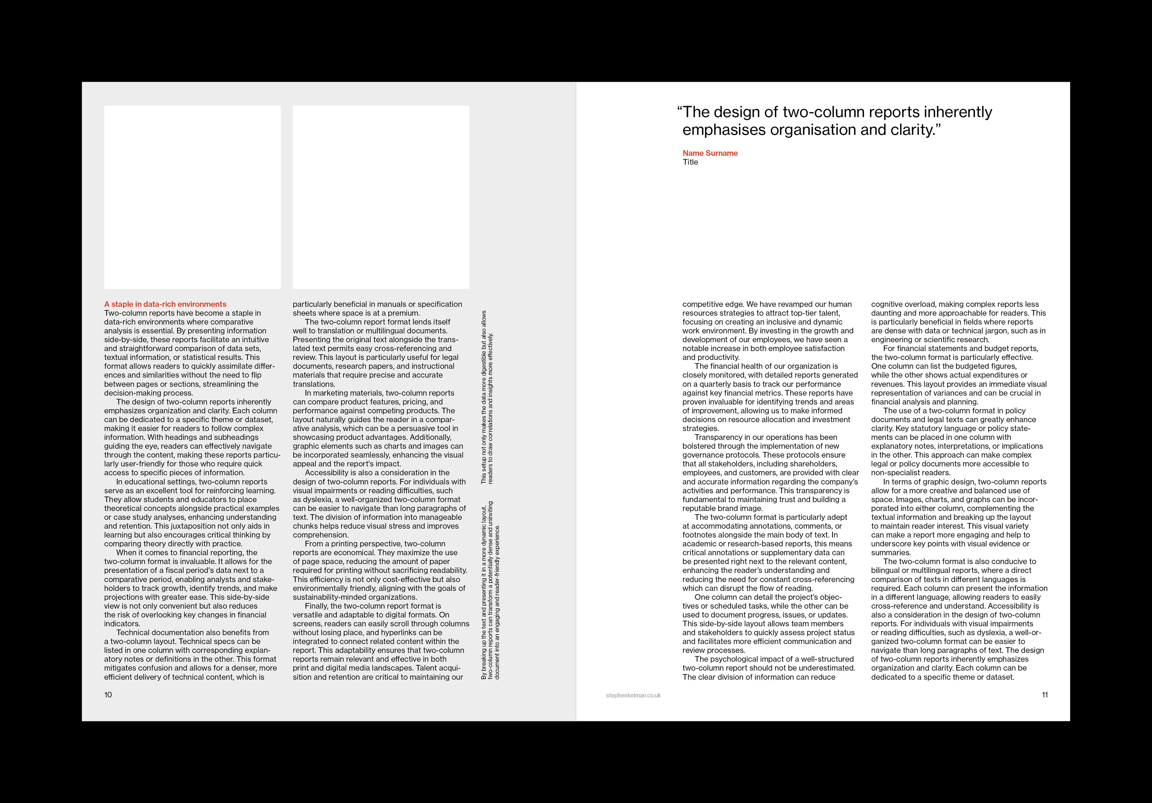 Spread of two-column text with a large red pull quote on organisation and clarity.
