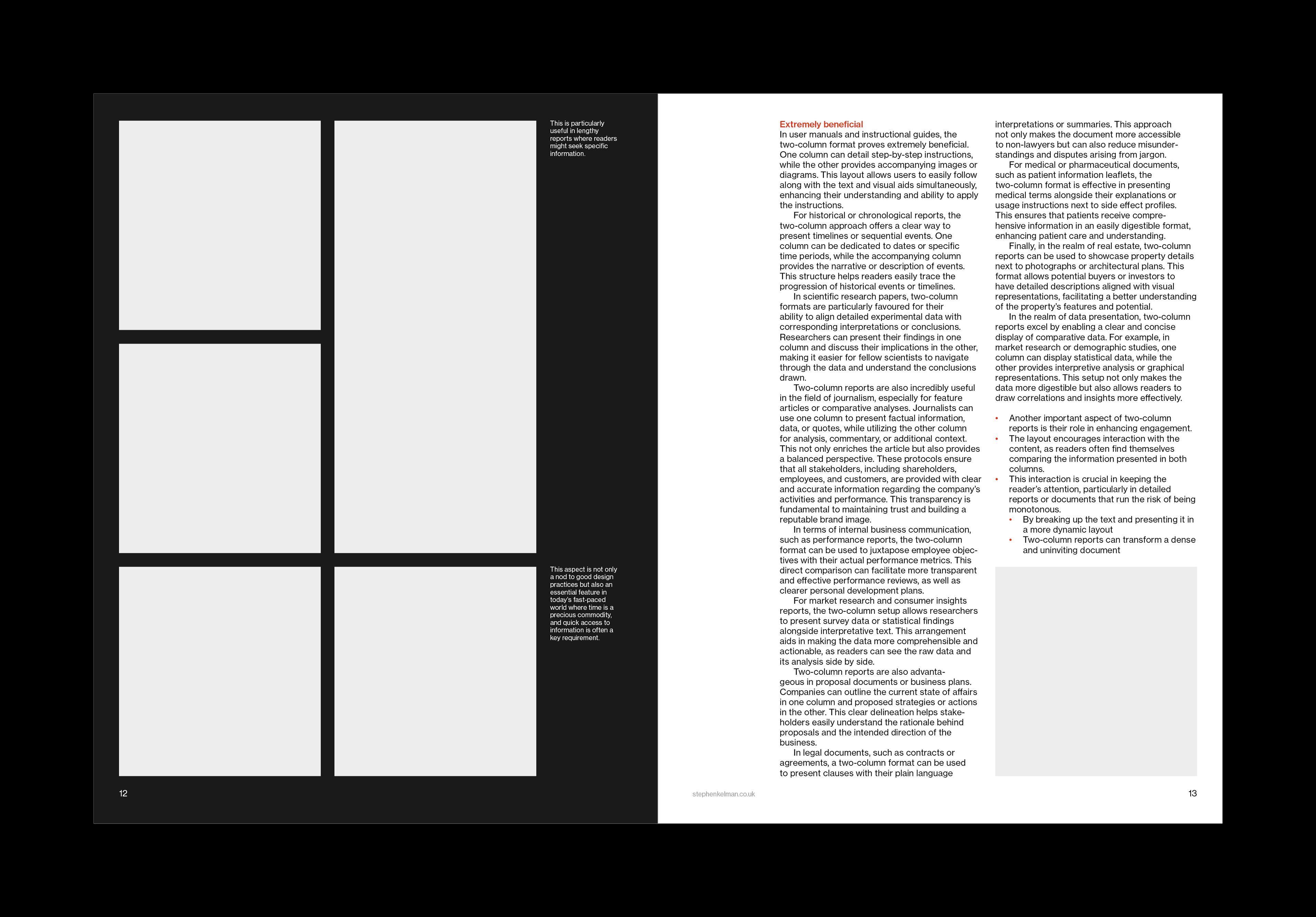 Left page of six empty outlined image frames facing a black page of white two-column copy.