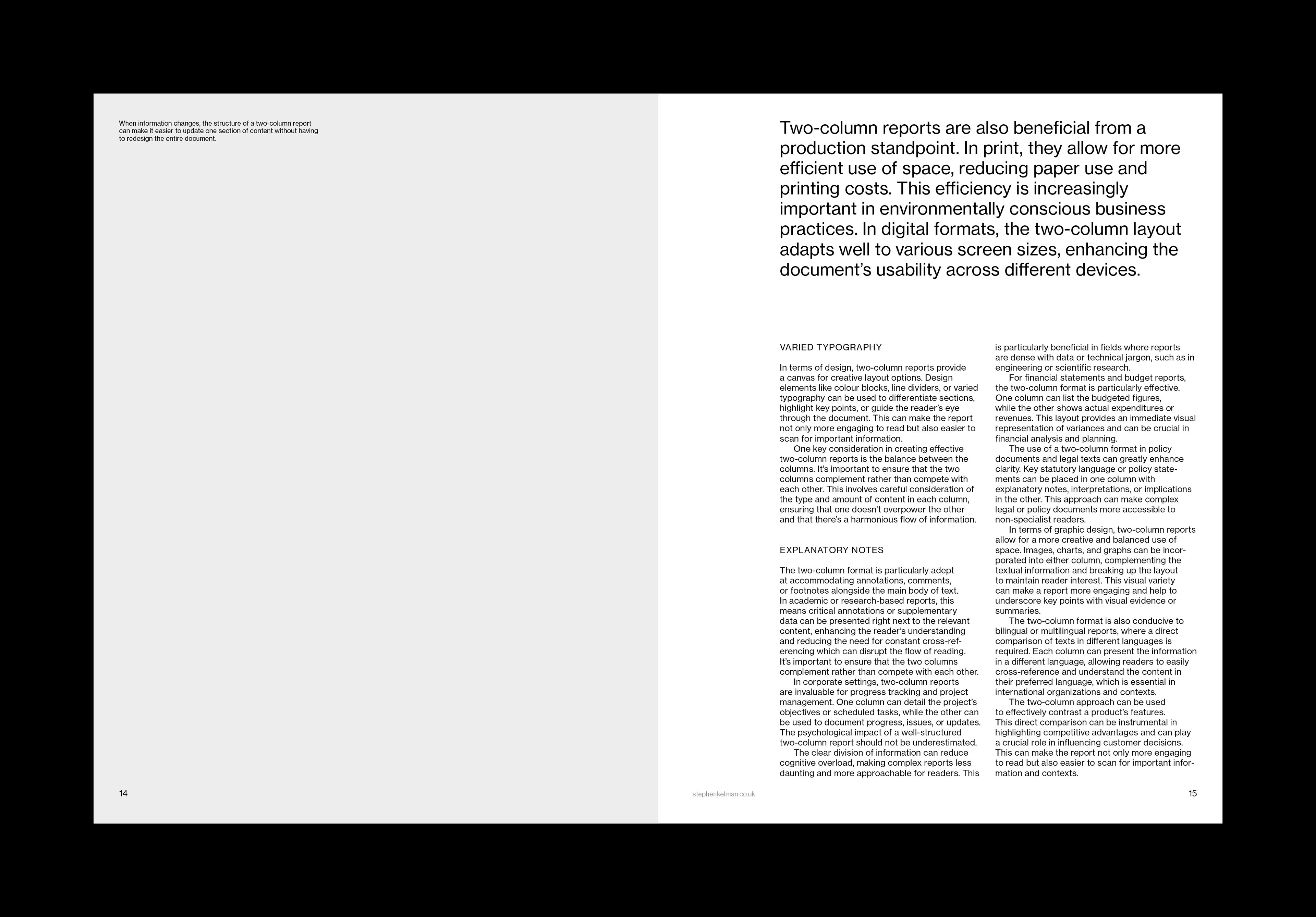 Dense two-column spread with small-cap subheads Varied typography and Explanatory notes.