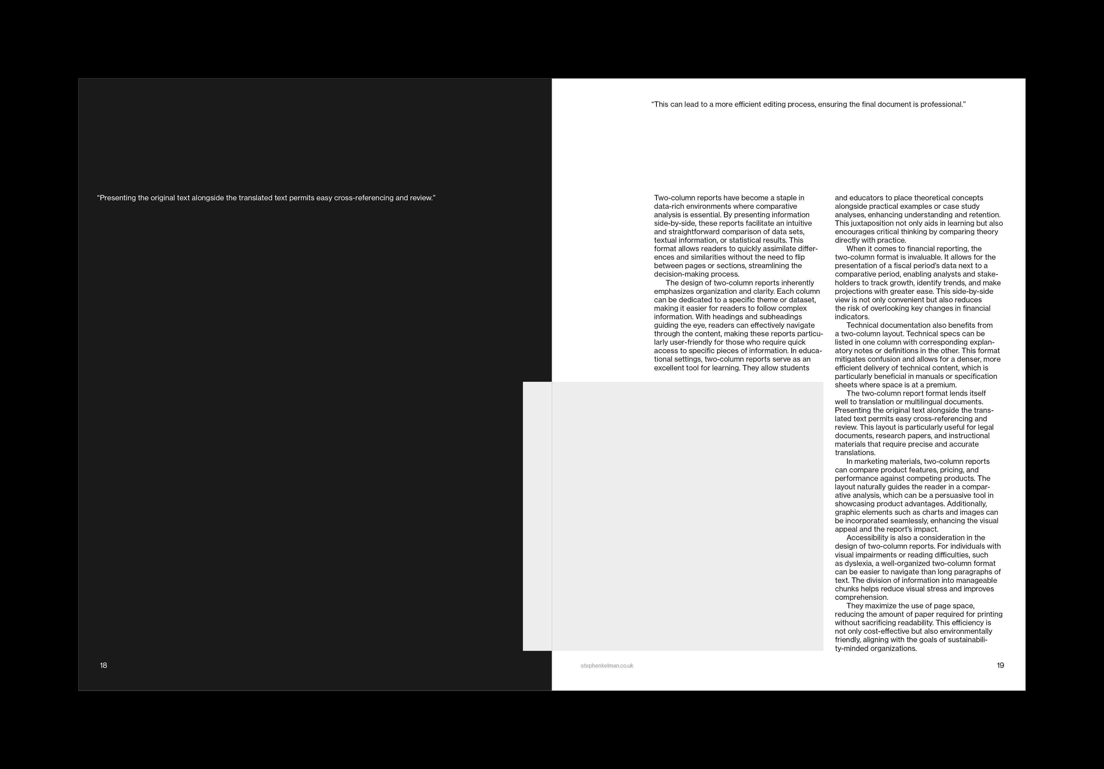 Mostly black spread with short white quotes above a light page of two-column text and a pale image panel.