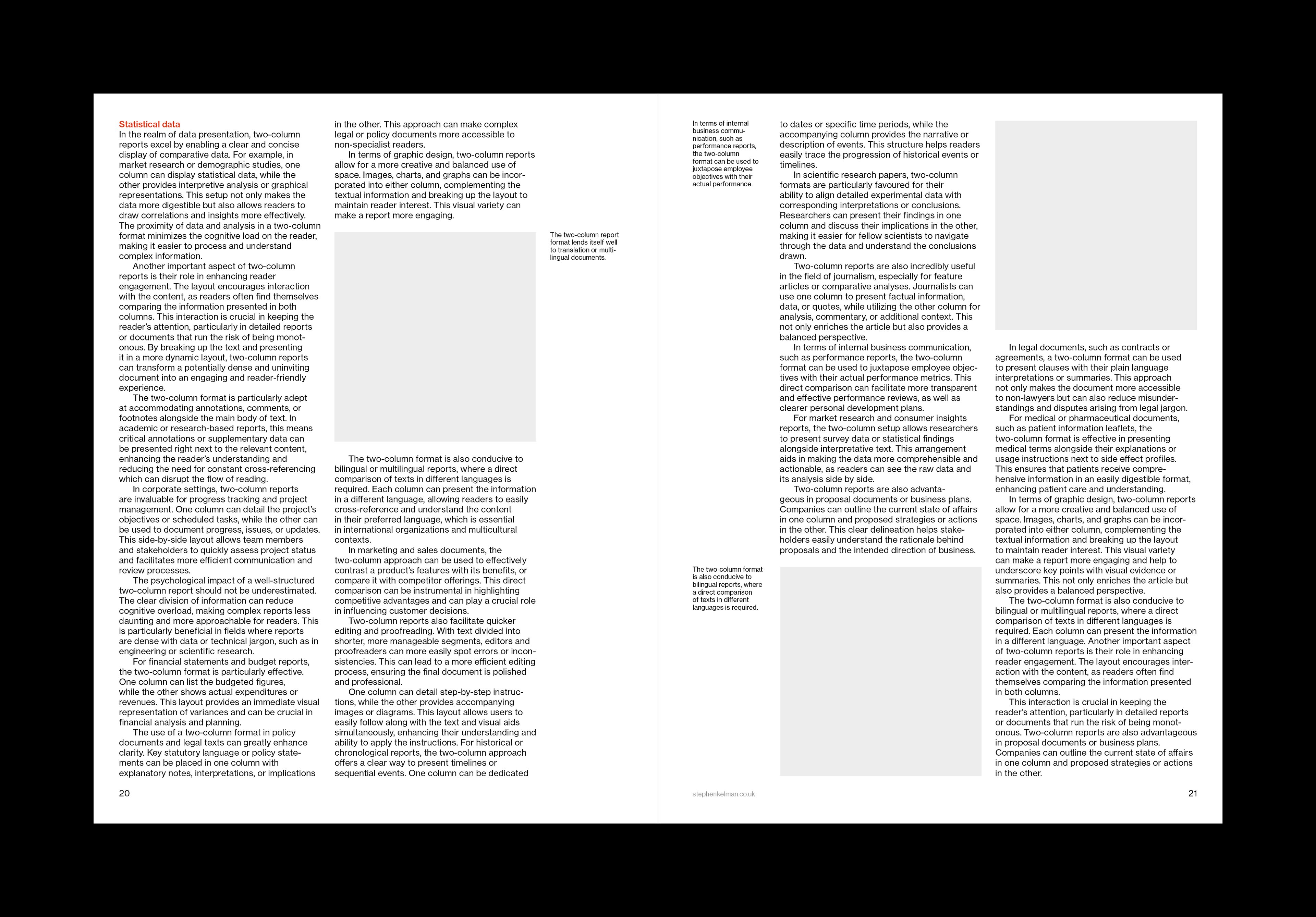 Text-heavy spread of four narrow columns with red subheads and side annotations.