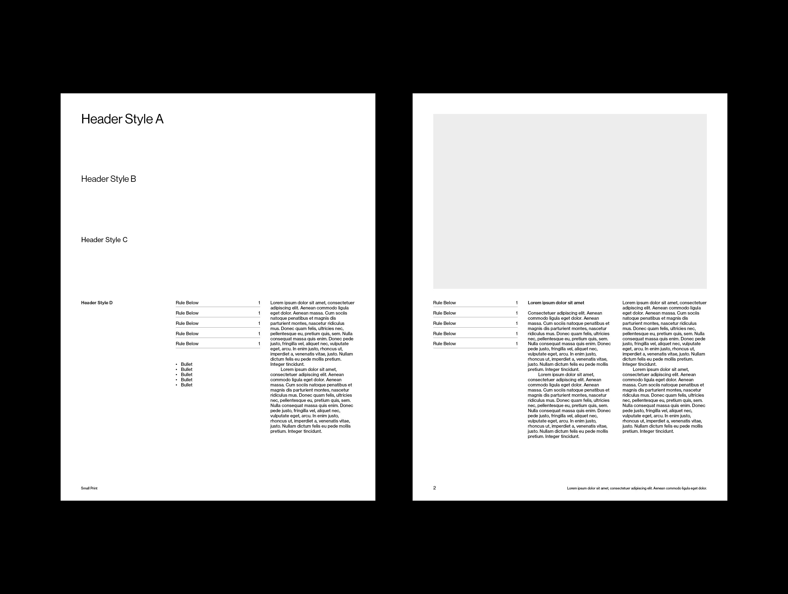 Style-sheet specimen with a Header Style A to C ladder, ruled lists, and a three-column text page.