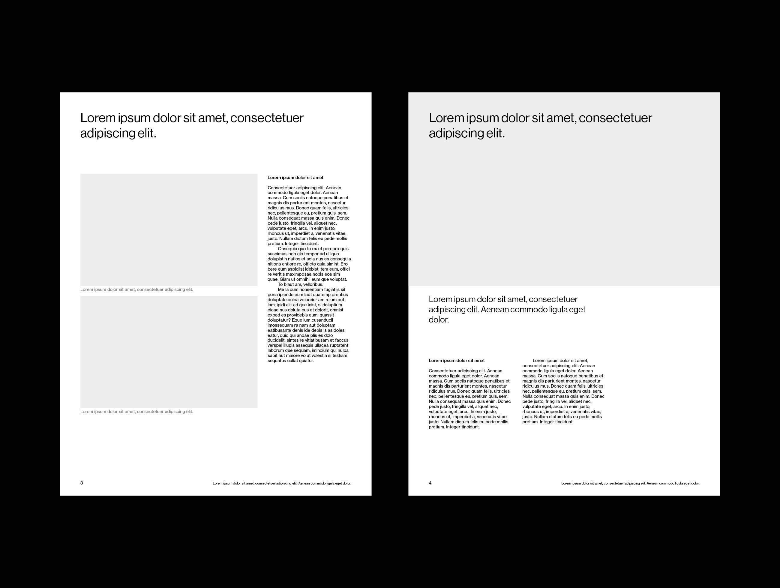 Two sample layouts with bold intro headlines, grey image placeholders, and three-column body text.